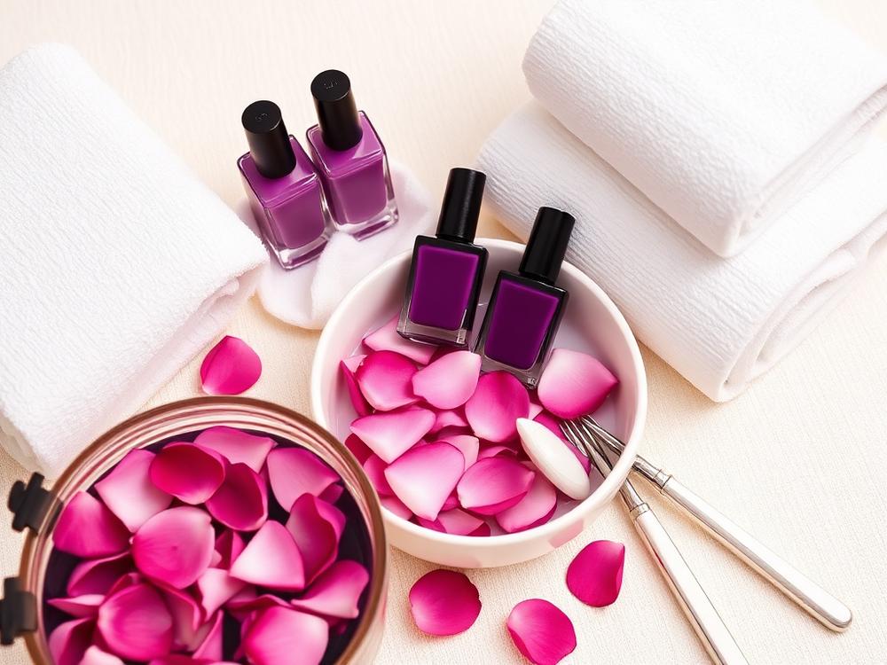 أدوات باديكير ومانيكير مع طلاء أظافر بنفسجي وبتلات ورد